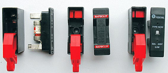 Universal fuse-holder lockouts with red tabs and black housings