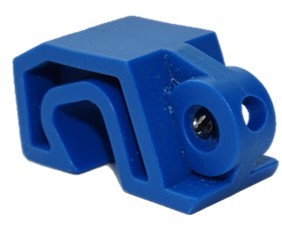 Blue plastic lockout clamp for circuit breaker, with screw hole and opening channel