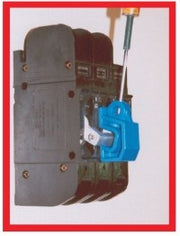 Blue plastic lockout device clamped to a breaker switch, with keyway and screw mount