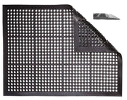 Black anti-fatigue floor mat with raised grid of circular holes, rectangular shape