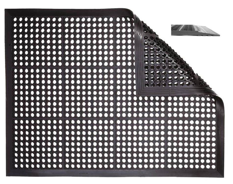 Black anti-fatigue floor mat with raised grid of circular holes, rectangular shape