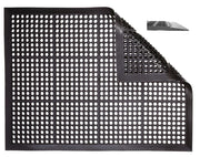 Black anti-fatigue mat with perforated dot grid and ridged edges, rectangular