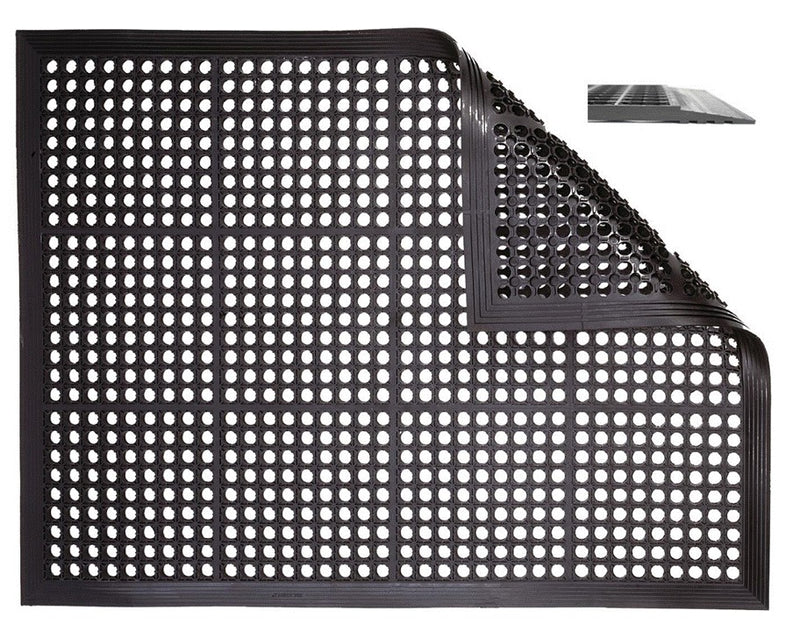 Black anti-fatigue mat with perforated dot grid and ridged edges, rectangular