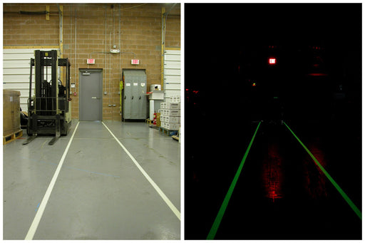 Glow floor tape on floor with green illuminated stripe lines