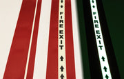 Red glow floor tape, 10cm wide with white fire-exit arrows and 2.5cm glow stripe