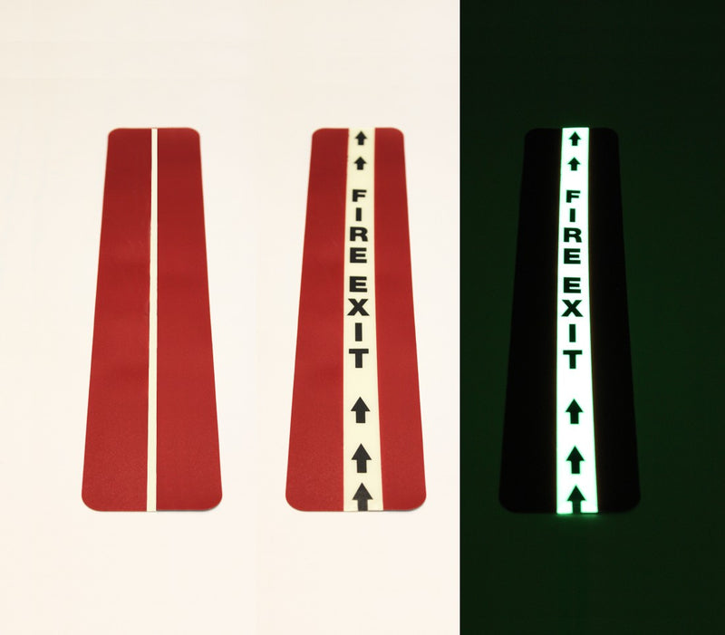 Glow floor tape set, red and black versions with white fire-exit arrows and glow stripe