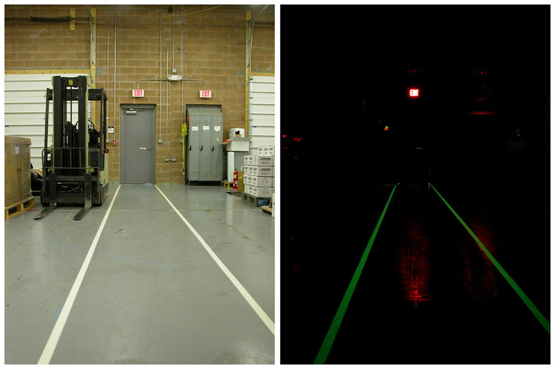 Glow floor tape on corridor floor, white strip with fire-exit arrows, green illuminated stripe