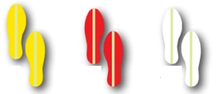 Glow foot print tape set on sheet, showing yellow, red, and white foot shapes