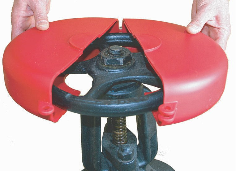 Red and black large gate valve with handwheel and bolted stem