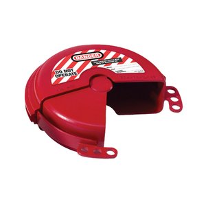 Red gate valve cover with mounting straps and hinged latch