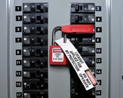 Padlock with multiple disposable lockout tags, red Danger labels and Do not operate text