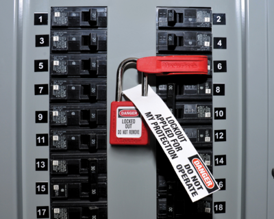 Padlock with multiple disposable lockout tags, red Danger labels and Do not operate text