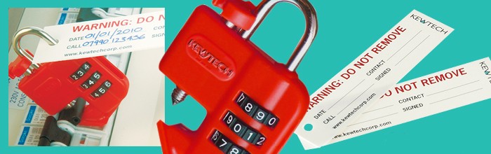KEWLOK lock out device with red body, shackle, and combination dial plus warning label
