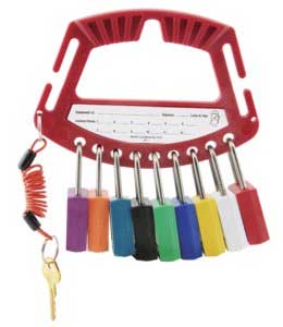 Red plastic padlock caddy with metal hooks, colored tags, and spare keys