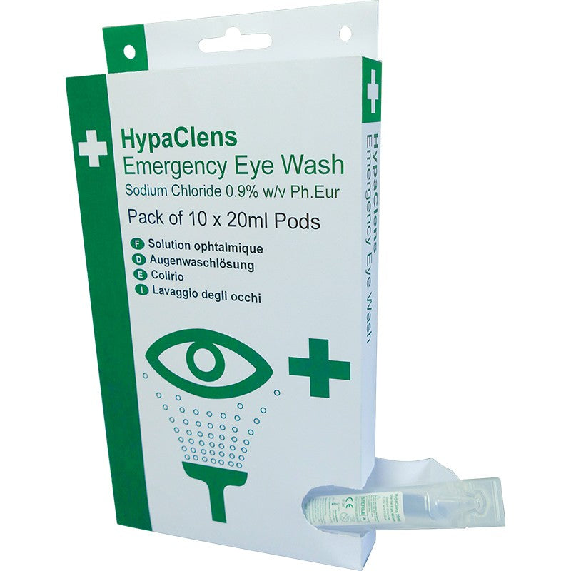 HypaClens emergency eye wash pack box with 10 x 20ml pods and eye icon