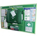 Large first aid station wall cabinet, green panels with medical plus icons