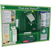 First aid station cabinet with clear instructions, kit inside, and plaster dispenser