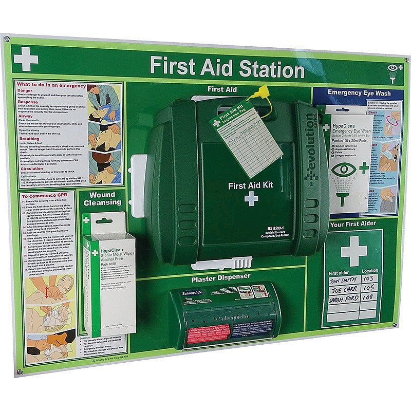 First aid station cabinet with clear instructions, kit inside, and plaster dispenser