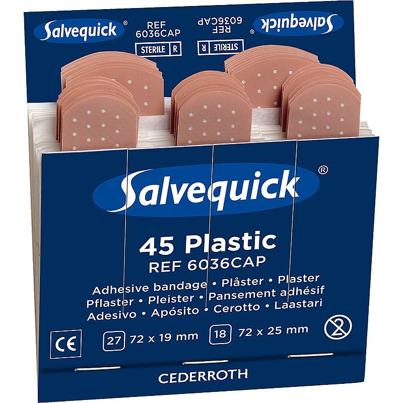 Sterile adhesive plastic plasters, tan pads in a box, assorted sizes shown