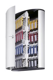 Open key cabinet with multiple color-coded key clips in numbered slots