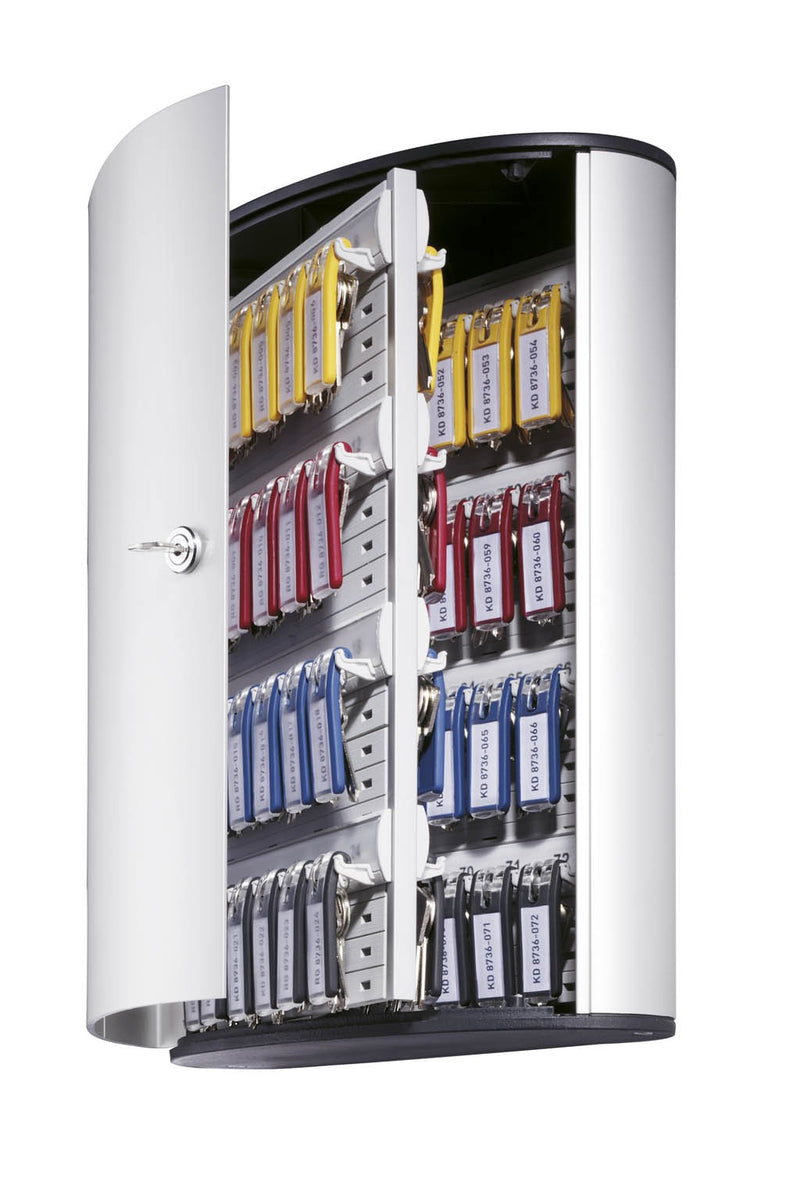 Open key cabinet with multiple color-coded key clips in numbered slots