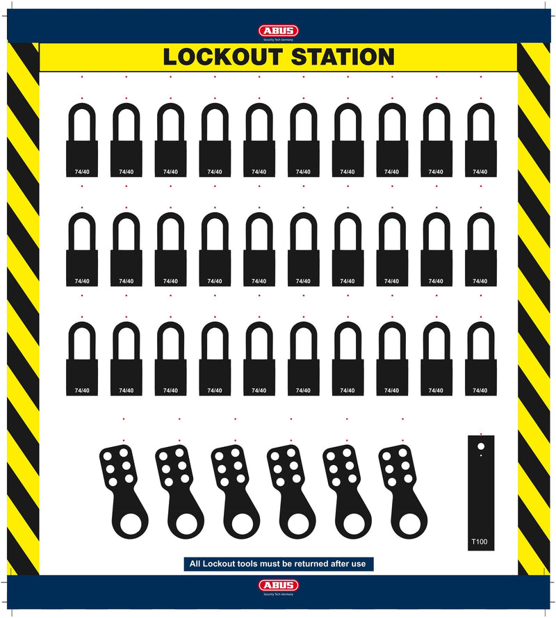 Abus LOTO shadow board station with padlock holders and numbered tool slots