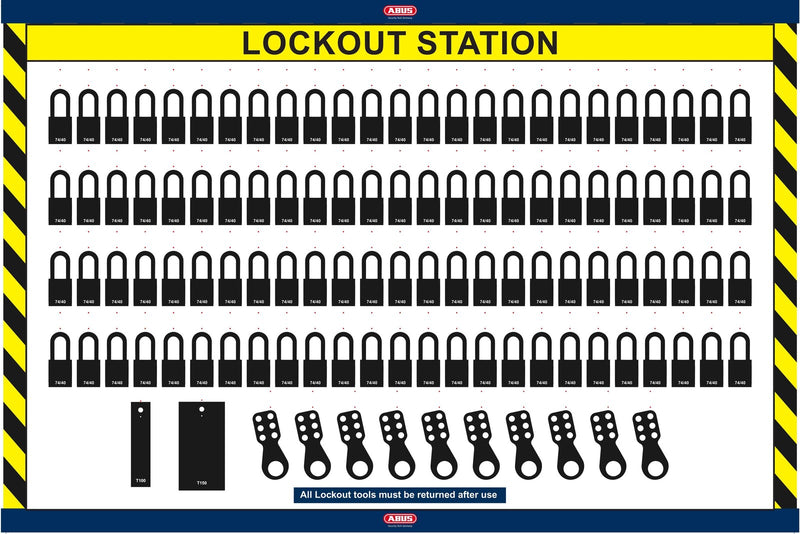 Abus LOTO shadow board with numbered slots and metal hasps/hook keys, lockout station.