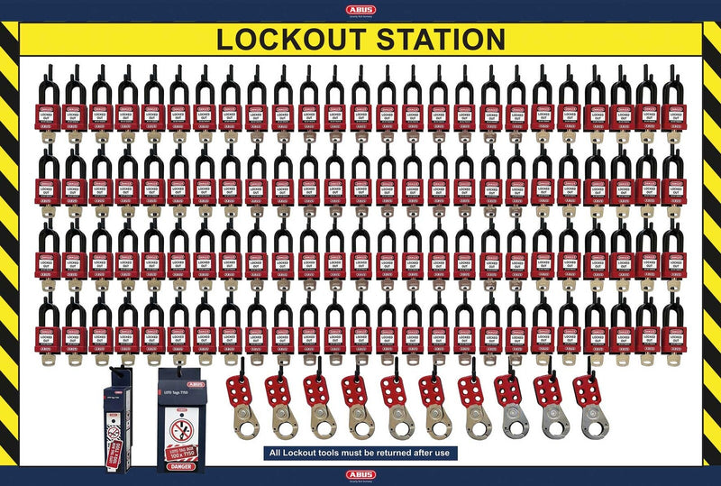 Lockout station shadow board with many red padlocks and hanging keys