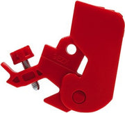 Red universal circuit breaker lockout device with mounting screw heads