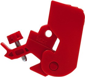 Red universal circuit breaker lockout device with mounting screw heads