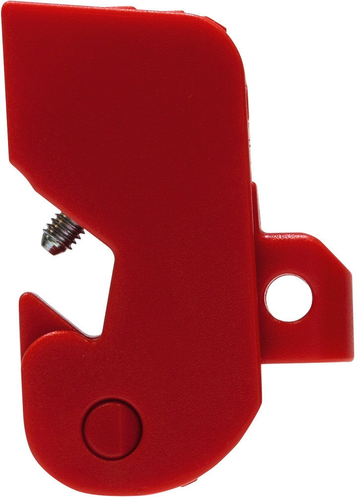 Red circuit breaker lockout device close-up with circular release button