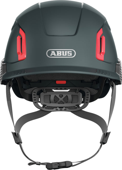 Dark ABUS safety hard hat rear view with red vent inserts and chin strap