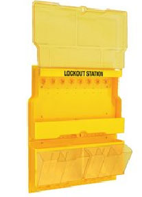 Unfilled yellow lockout station with labeled front panel and clear cover