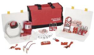 Portable lockout organiser case with red devices, cords, and assorted safety parts