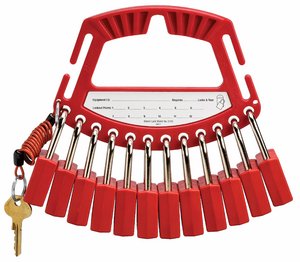 Red padlock caddy with hanging keys and row of metal lock rings