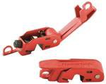 Red circuit breaker lockout with handle and hinged gripping clips