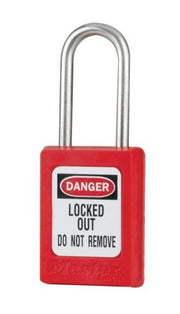 Red keyed alike padlock with silver shackle and "DANGER LOCKED OUT DO NOT REMOVE" label