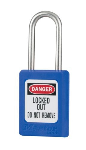 Blue keyed alike padlock with silver shackle and "DANGER LOCKED OUT DO NOT REMOVE" label