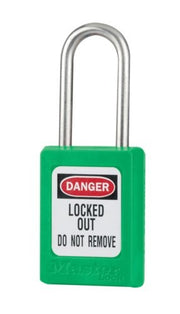 Green keyed alike padlock with silver shackle and "DANGER LOCKED OUT DO NOT REMOVE" label