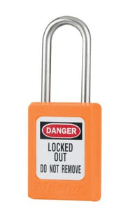 Orange keyed alike padlock with silver shackle and "DANGER LOCKED OUT DO NOT REMOVE" label