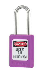 Purple keyed alike padlock with silver shackle and "DANGER LOCKED OUT DO NOT REMOVE" label