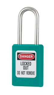 Teal keyed alike padlock with silver shackle and "DANGER LOCKED OUT DO NOT REMOVE" label