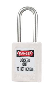 White keyed alike padlock with silver shackle and "DANGER LOCKED OUT DO NOT REMOVE" label