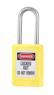 Yellow keyed alike padlock with silver shackle and "DANGER LOCKED OUT DO NOT REMOVE" label