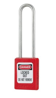 Red padlock with U-shaped shackle and DANGER LOCKED OUT DO NOT REMOVE label