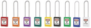 Assorted colored padlocks with U-shaped shackles and DANGER LOCKED OUT DO NOT REMOVE labels