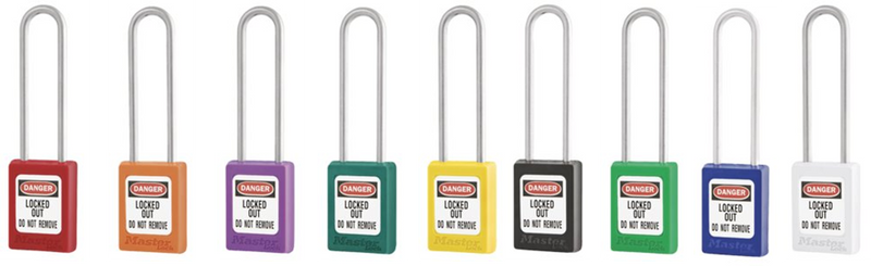 Assorted colored padlocks with U-shaped shackles and DANGER LOCKED OUT DO NOT REMOVE labels