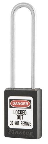 Black padlock with U-shaped shackle and DANGER LOCKED OUT DO NOT REMOVE Master Lock label
