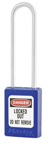 Blue padlock with U-shaped shackle and DANGER LOCKED OUT DO NOT REMOVE Master Lock label