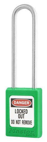 Green padlock with U-shaped shackle and DANGER LOCKED OUT DO NOT REMOVE Master Lock label